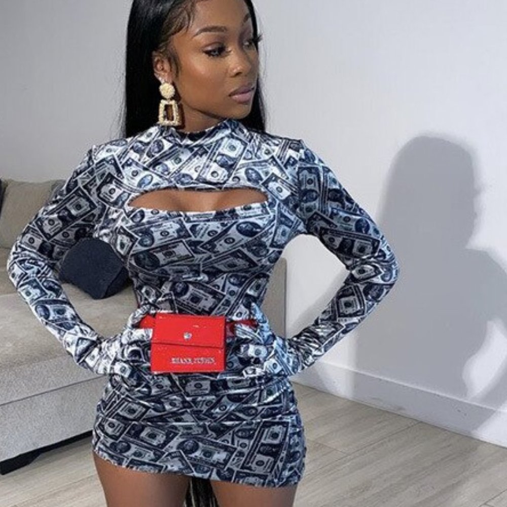 Sexy  Bodycon Mini Dress Money Print Velvet Long Sleeve STRETCHY SIZE L  Cut Out